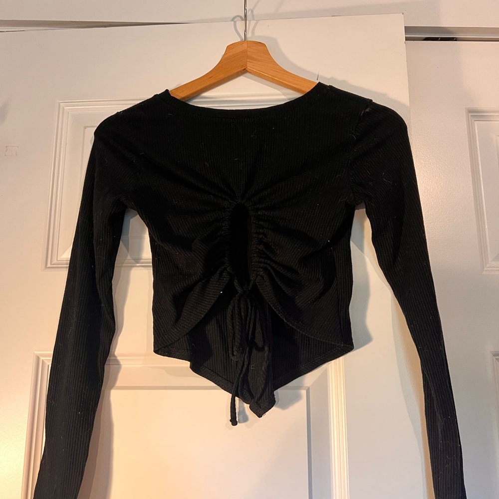 Skin Tight Black Gathered Long Sleeve Crop Top
